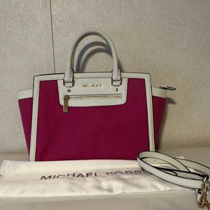 MICHAEL KORS Pink Canvas w/ White Leather Trim Handbag Satchel Crossbody Tote